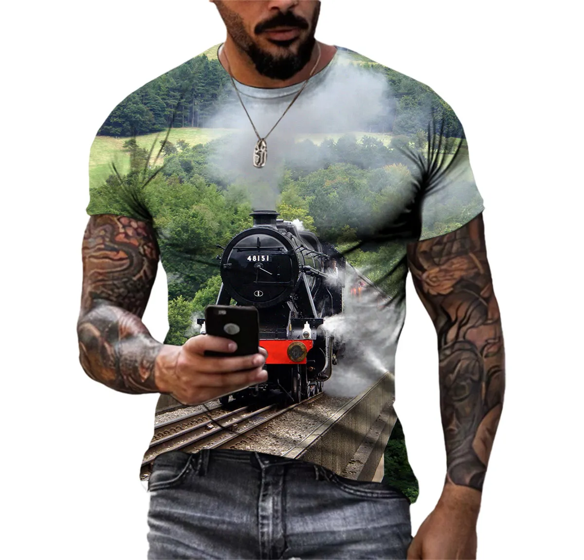 Men\'s HD T-shirt Summer Classic Retro Steam Train Nostalgic Comfortable Short Sleeve Trend Personality Quick Dry Crew-neck Shirt