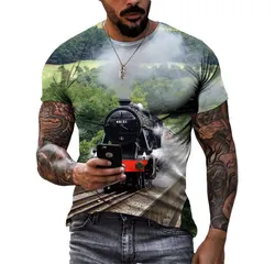 Men's HD T-shirt Summer Classic Retro Steam Train Nostalgic Comfortable Short Sleeve Trend Personality Quick Dry Crew-neck Shirt