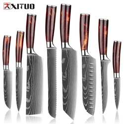 Kitchen knife Set 1-8Piece 7Cr17Mov Stainless Steel Chef Knife , Santoku,Cleaver, Utility Knife, Cooking Knives Red Resin Handle