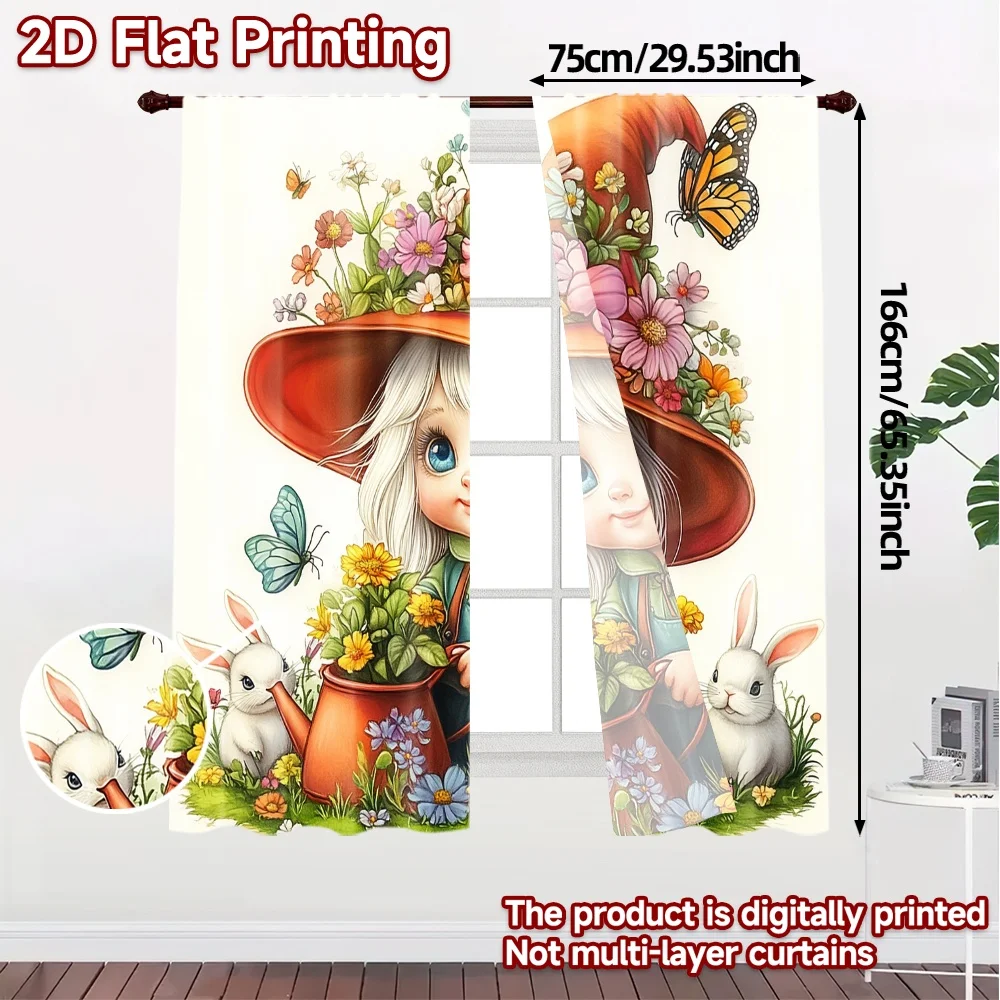 2pcs,Curtains Cute Gnome Spring Garden Butterflies (3) Pattern Popular Curtains Machine Washable Fabric Curtains Decorations