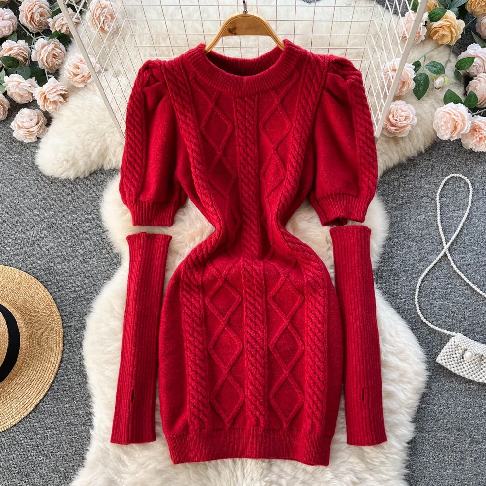 Autumn New Slim Vintage Bubble Sleeve Fried Dough Twist Knitted Dress Women Temperament Celebrity Wrap Hip Drees Women