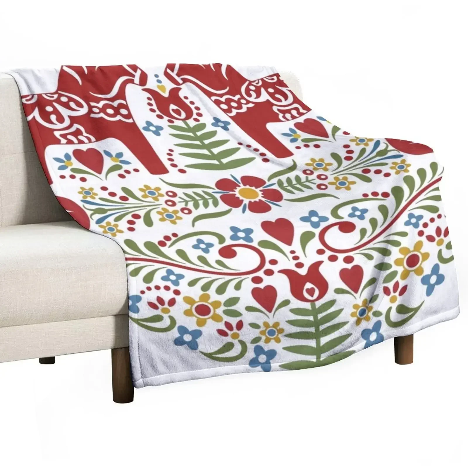 

Scandinavian Dala Horse, Swedish Folk Art Throw Blanket Personalized Gift for sofa Blankets