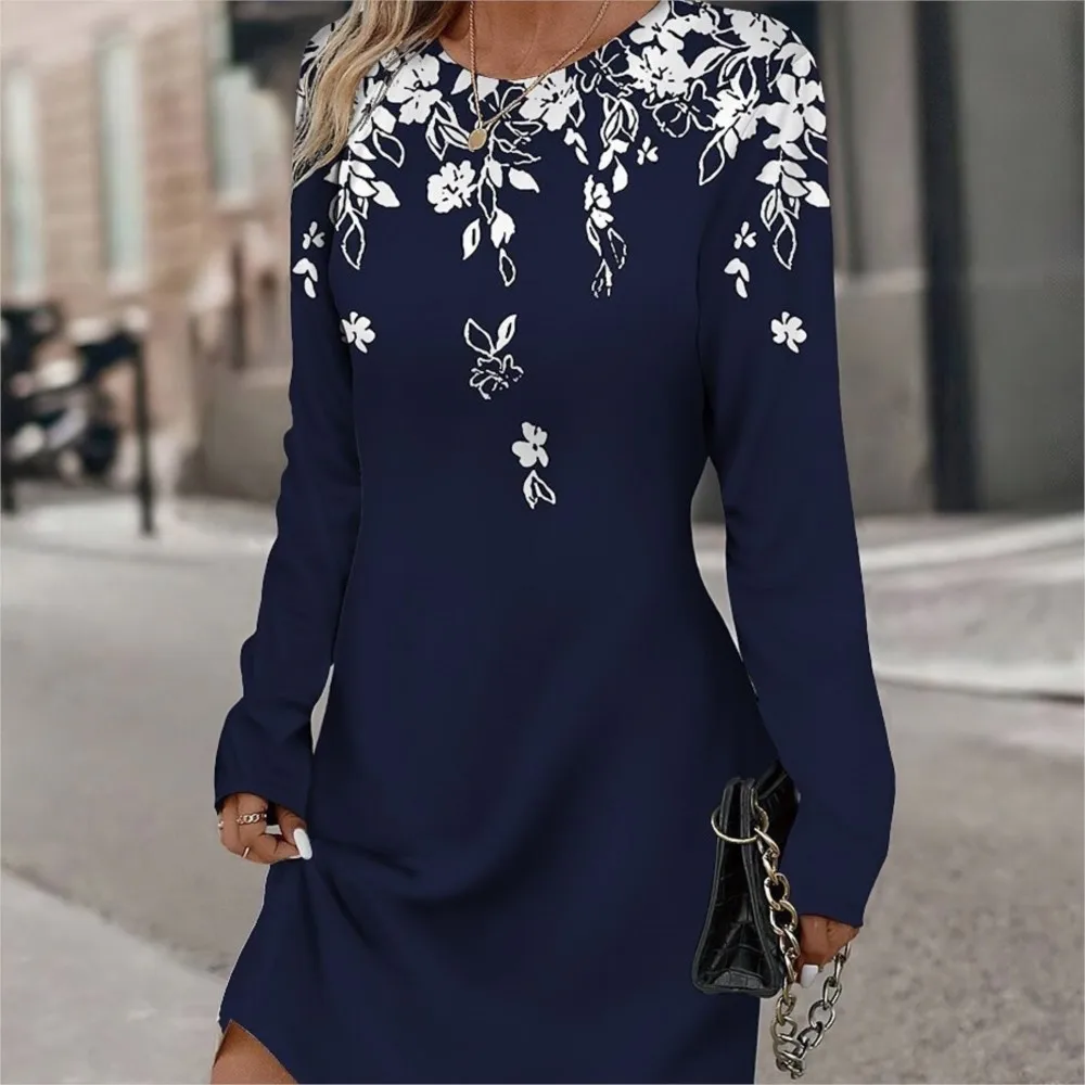 Women's Casual Dress Elegant 3D Floral Print Round Neck Long Sleeved Versatile T-shirt 2025 Spring Ladies Pullover Mini Dresses