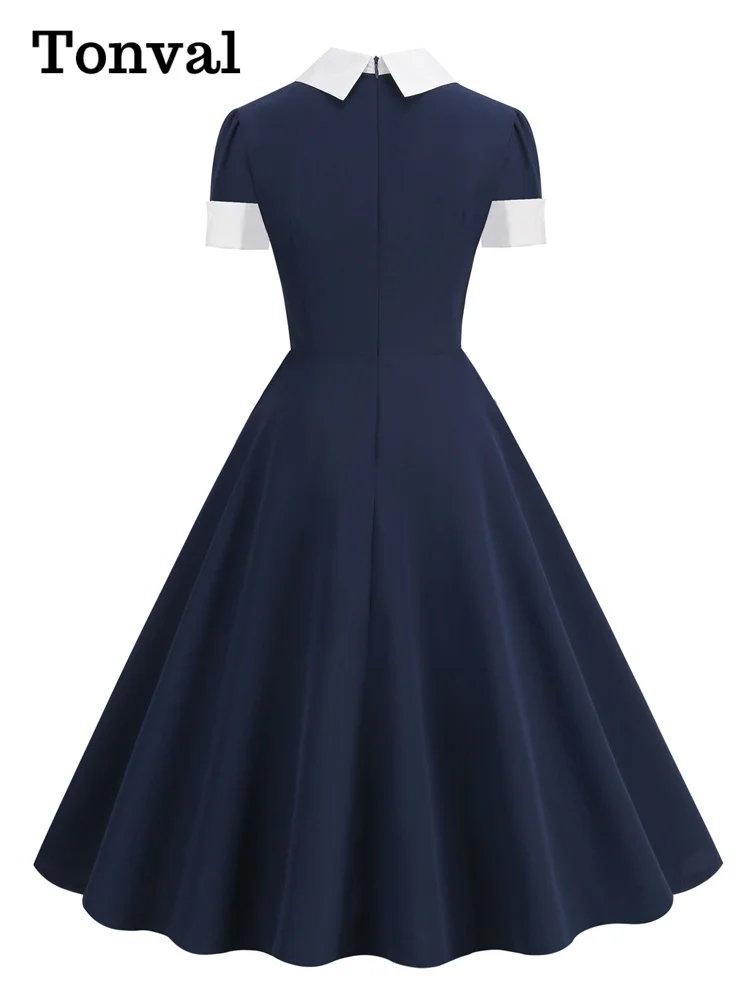 Tonval Colletto rovesciato con fiocco sul davanti Abiti estivi blu navy per donna 2023 Abito elegante stile vintage per occasioni formali