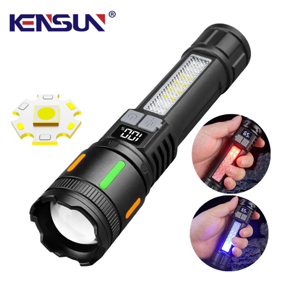 High Power Spotlight Long LED Flashlight With COB Side light Red Blue light Type-C Fast Charging Zoomable Ultra Bright Torch