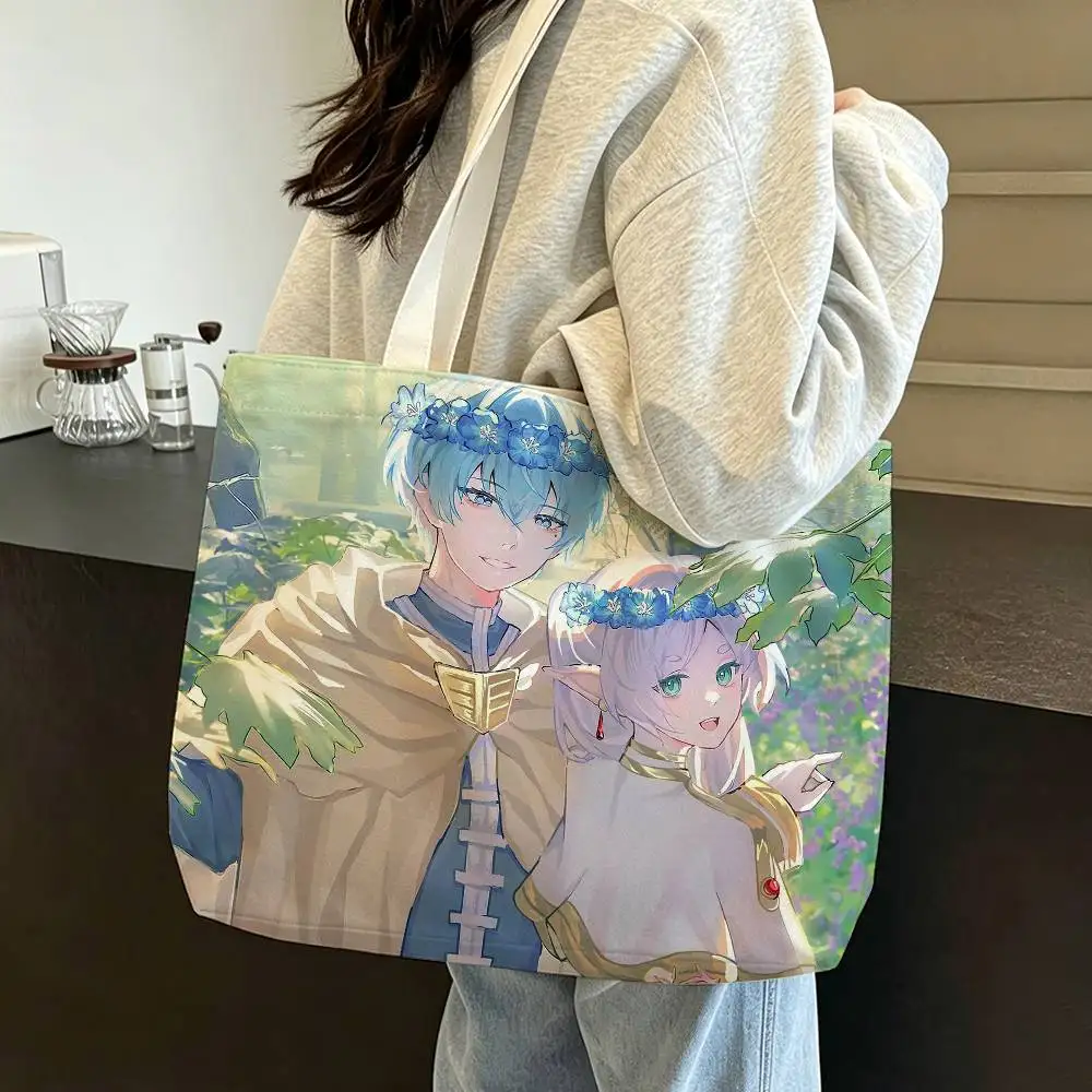 F-Frieren H-Himmel B-Beyond J-Journeys End Large Capacity Cotton Polyester Zipper Tote Shoulder Bag