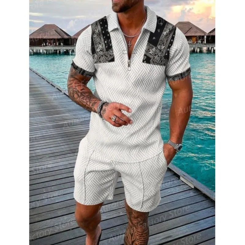 Diamond Lattice Summer Men Polo Shirt Set Casual Lapel Tracksuit Male Fashion Oversized Clothing Golf Wear Outfits Streetwear