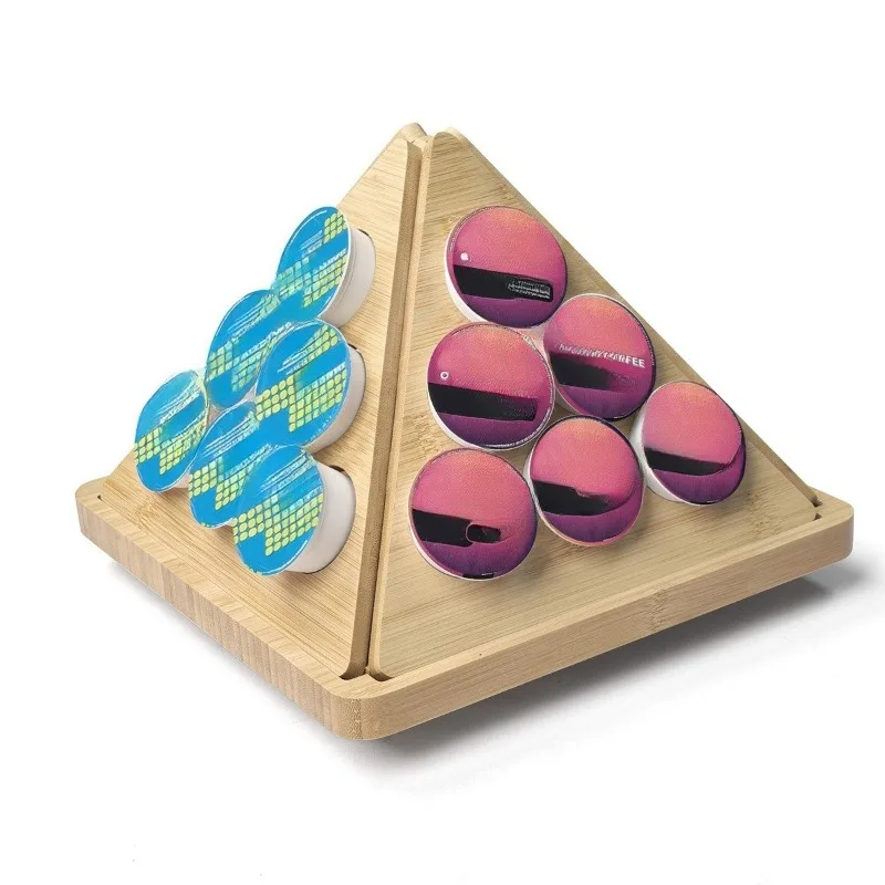 Desktop coffee capsule storage rack, pantry, bamboo and wood tea bag storage rack, rotatable triangular shape finishing rack