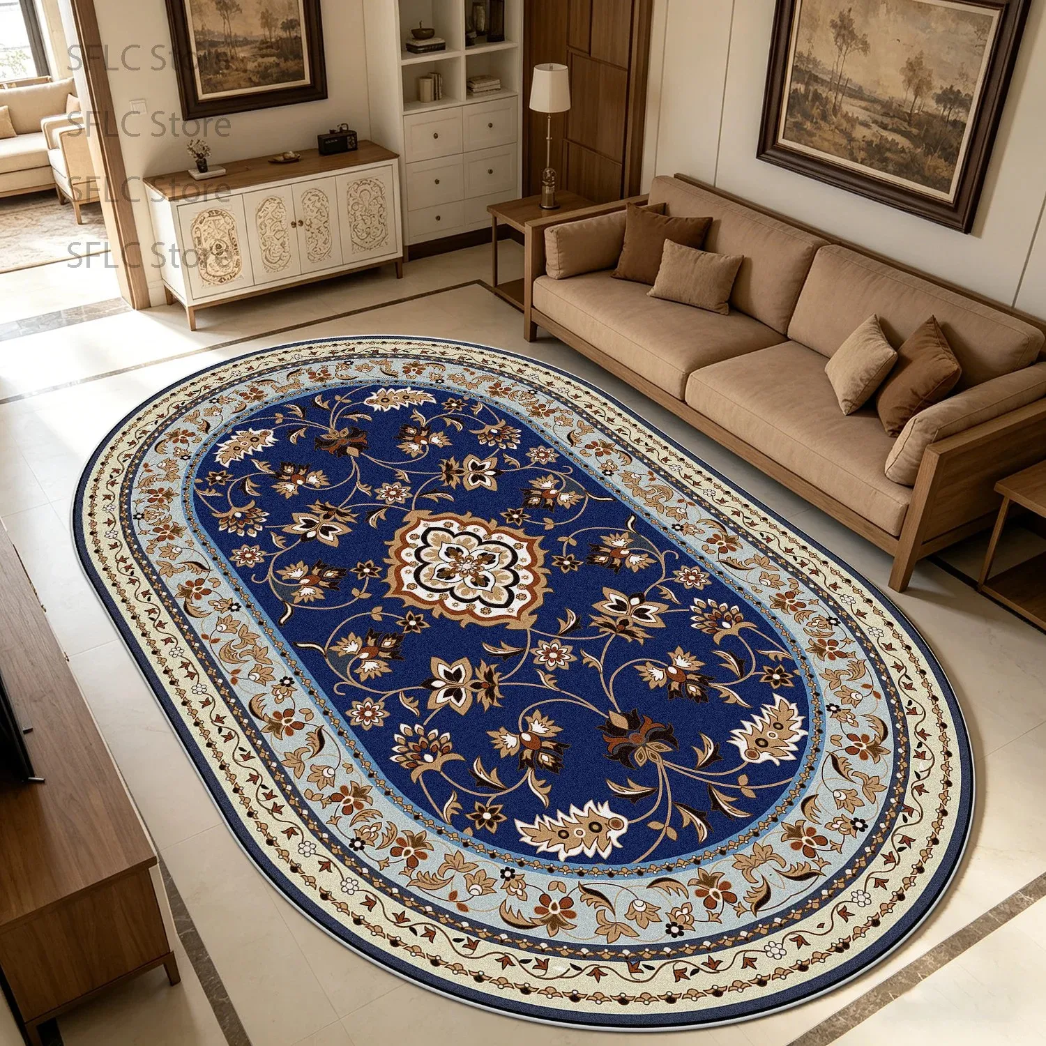 VIKAMA Non-slip European Luxury Oval Rug, Short Velvet Soft Washable for Living Room Bedroom Decor