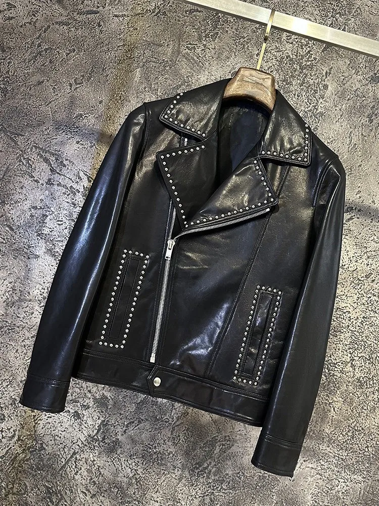 Streetwear Punk Goatskin Genuine Leather Jacket Male Fashion Designer Rivets Slim Fit Personality Zipper Motorcycle Short Coat