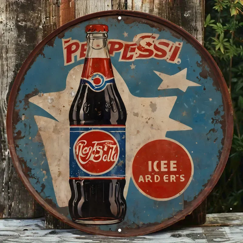 Vintage Pepsi Metal Sign - Retro Cartoon Style with Classic Bottle & Ice Cubes, Colorful Bubbles & Stars Wall Decor