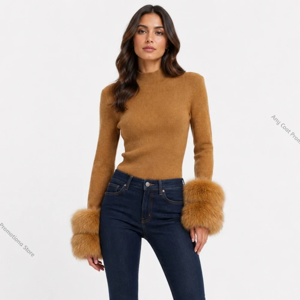 Sweaters for Women Fur Trim Comfortable Knit Cardigan Real Fur Cuffs Soft Winter Texture for Daily Travel and Casual Styling