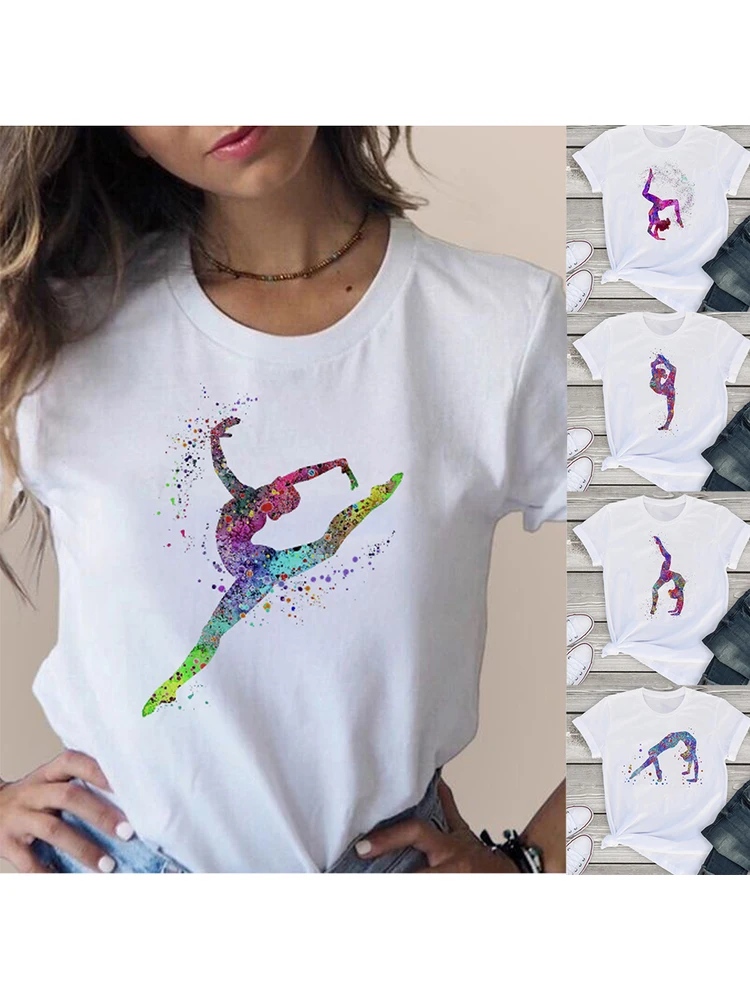 Gymnast Dancer T-Shirt Femme Watercolor Rainbow Gymnastics Art tshirt Women Summer White Tee Shirt Tops Cloth Streetwear Hipster