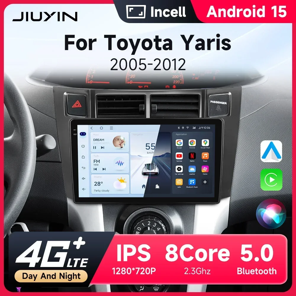 JIUYIN Android 15 Car Radio Multimedia Player 4G GPS WiFi 2DIN Navigation Stereo Head Unit for Toyota Yaris 2005-2012 with Carpl