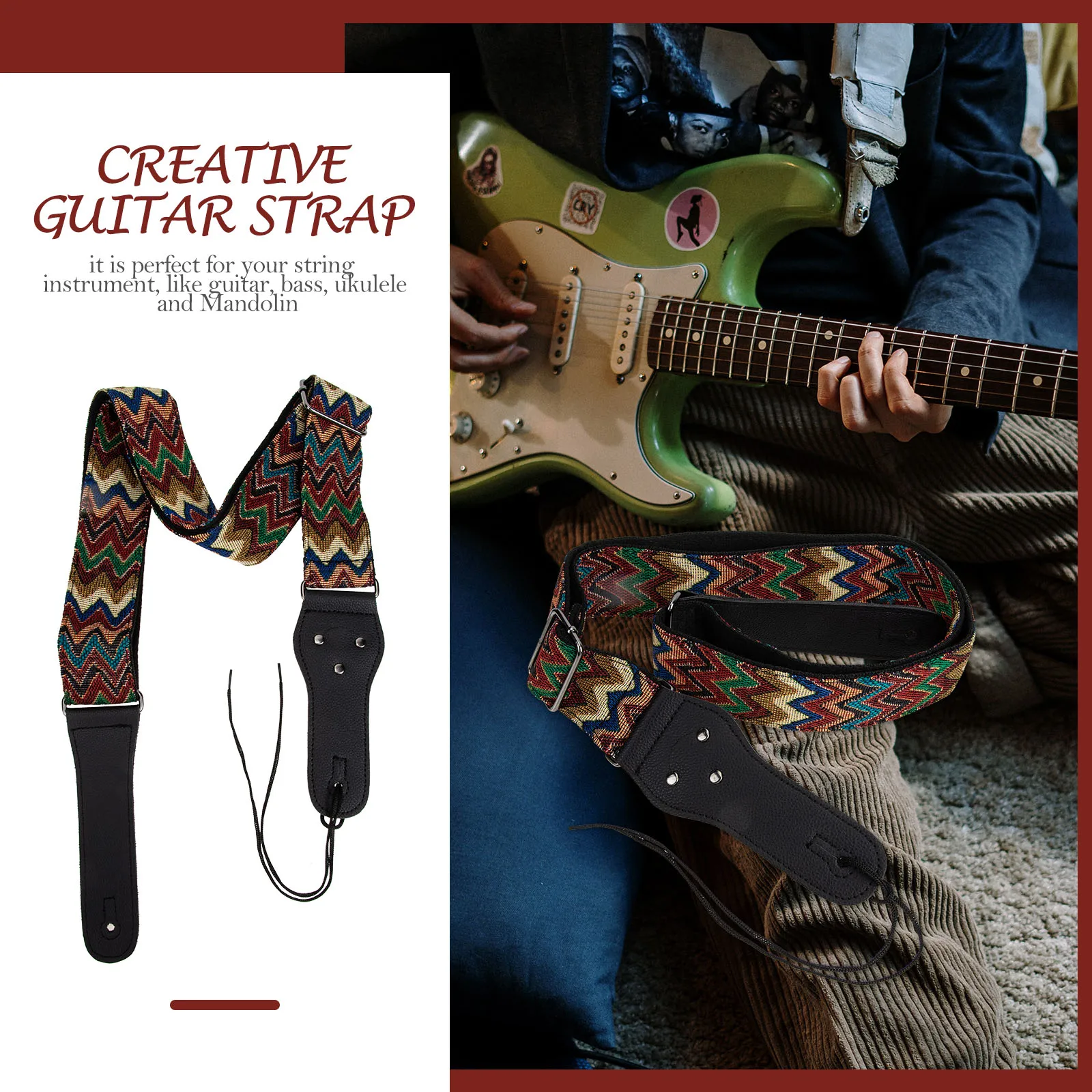 

Bohemia Style Guitar Strap Durable Knitting Pattern Adjustable Folk Electric Bass Instrument Strap for Guitarist Gift
