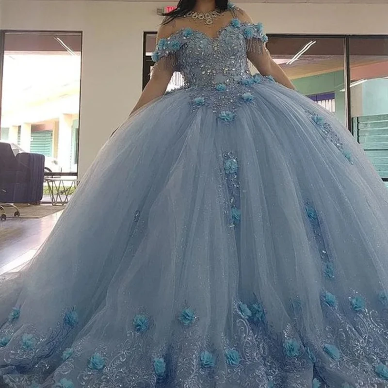 فساتين Quinceanera زرقاء سماوية للفتيات الحلوة ، زهور ثلاثية الأبعاد مصنوعة يدويًا ، حفلة Graduatin ، فستان حفلة موسيقية ، 16 ، 14 حفلة ، 15 سنة