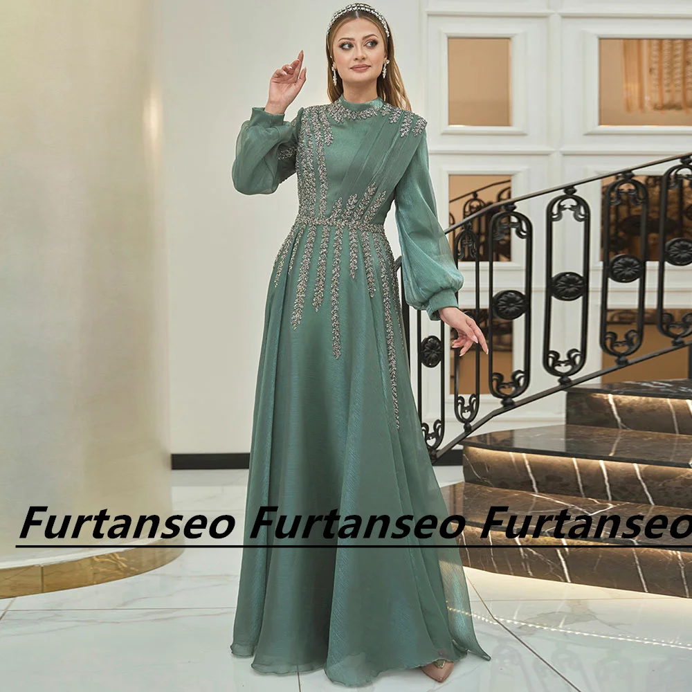 A-Line Organza Muslim Evening Dress Customized Dubai Women\'s Formal Prom Dresses Applique Zipper Long Sleeve Vestidos De Gala