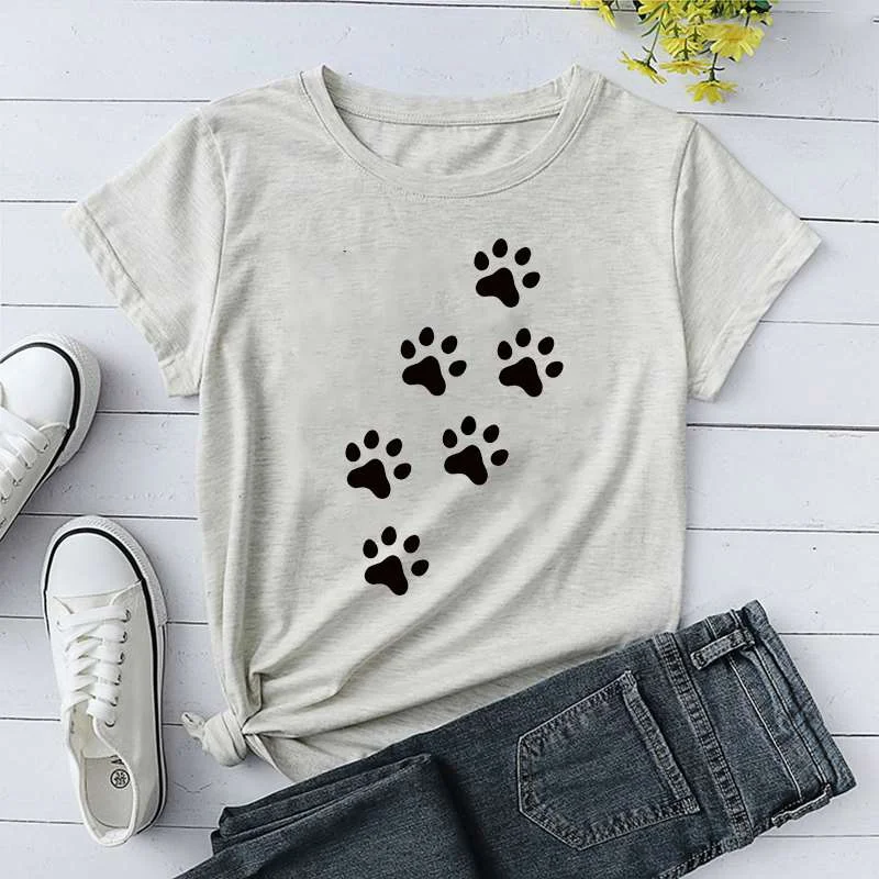 Dog Paw Print T-shrits For Women Summer Short Sleeve Round Neck Unisex Cute Loose T-shirt Creative Personalized Tops