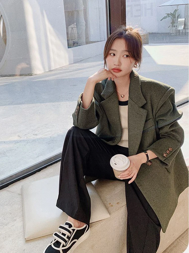 Zoki Streetwear Retro Women Faux Woolen Blazer Coat Harajuku Simple Solid Jacket Casual Korean Long Sleeve All Match Outwear