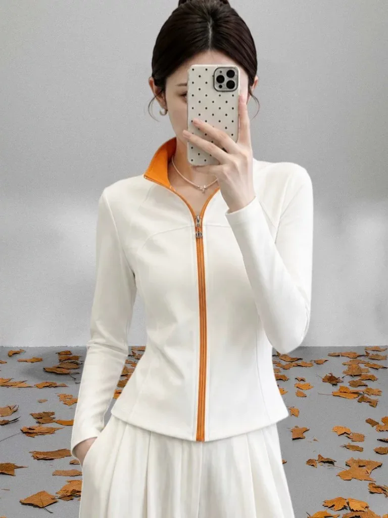 White Zipper Hoodie Women's Spring Autumn Slim Fit Sporty Casual Long Sleeve Stand Collar Contrast Color Design Top