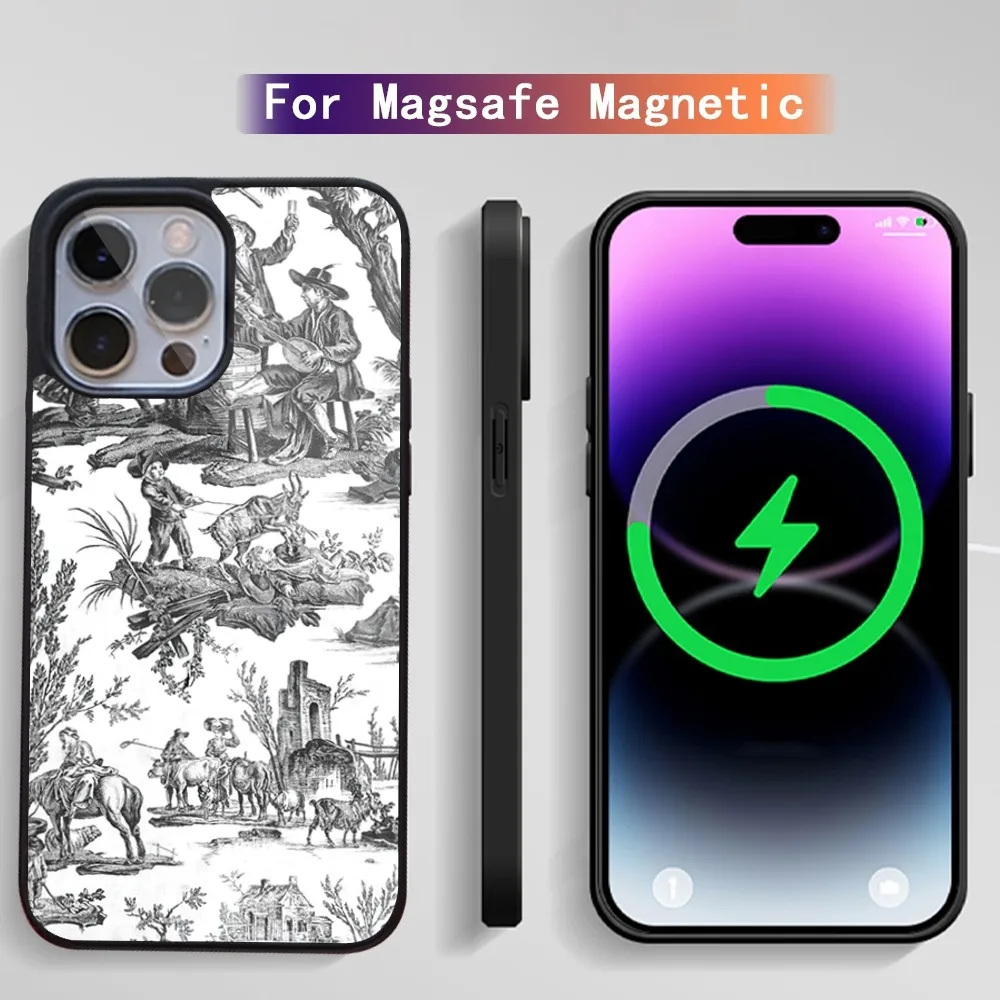 Toile De Jouy Pattern Phone Case For iPhone 15 14 13 12 11 Plus Pro Max Magsafe Magnetic Wireless Charging