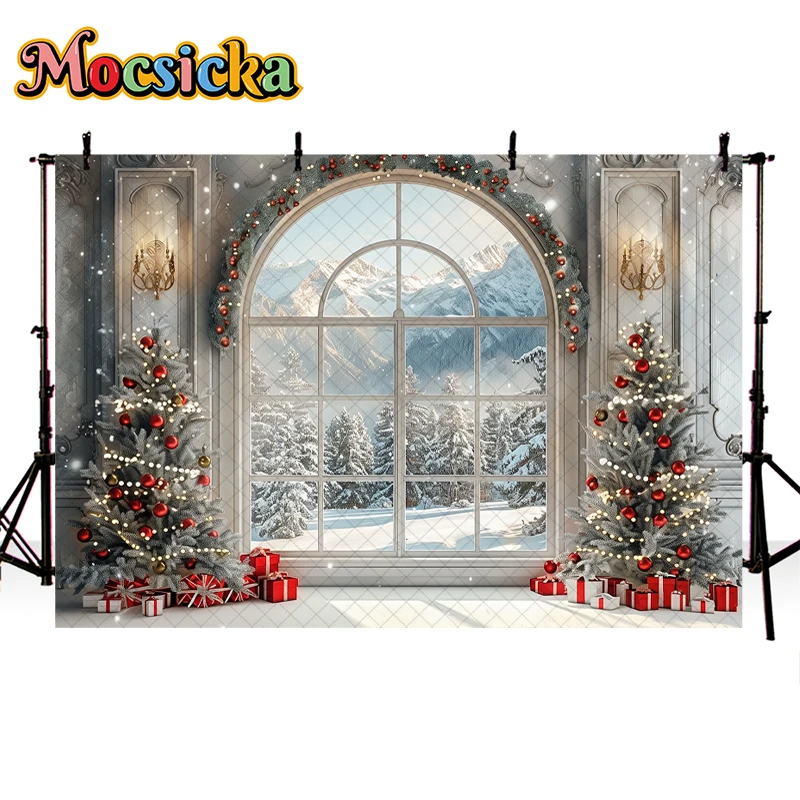Mocsicka Winter Christmas Indoor Window Backdrop Kids Adult Photography Props Xmas Tree Gift Box Decor Photo Background Studio