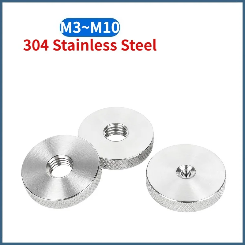 Beicai 1/2/5pcs M3 M4 M5 M6 M8 M10 SUS304 Stainless Steel Flat Knurled Round Nut Thin Hand Screwed Nut Thickness 5/6mm