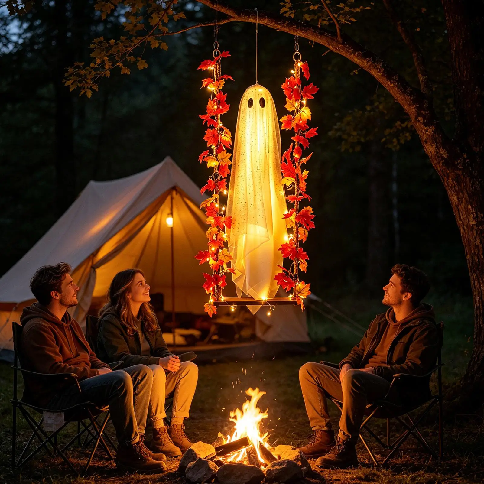 110x35cm Swinging Light Up Ghost Outdoor Yard Decoration Hanging Spooky Prop Tree Porch Garden Halloween Animated Party Supplies