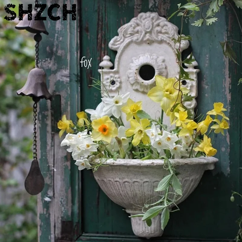 French Farmhouse Wall Sink - Vintage Rustic Basin for Garden Decor, Aged Iron Wall Mounted Water Feature, Patio Floral Planter
