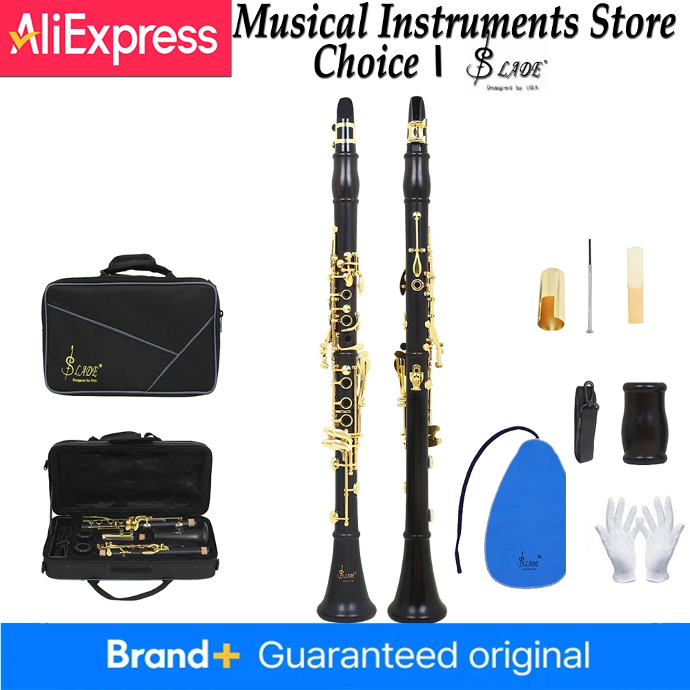 SLADE Bb Clarinet 17 Keys Ebony Wood Gold Plated Keys B Flat Clarinet with Case Ideal for Professional Performance Exam Player