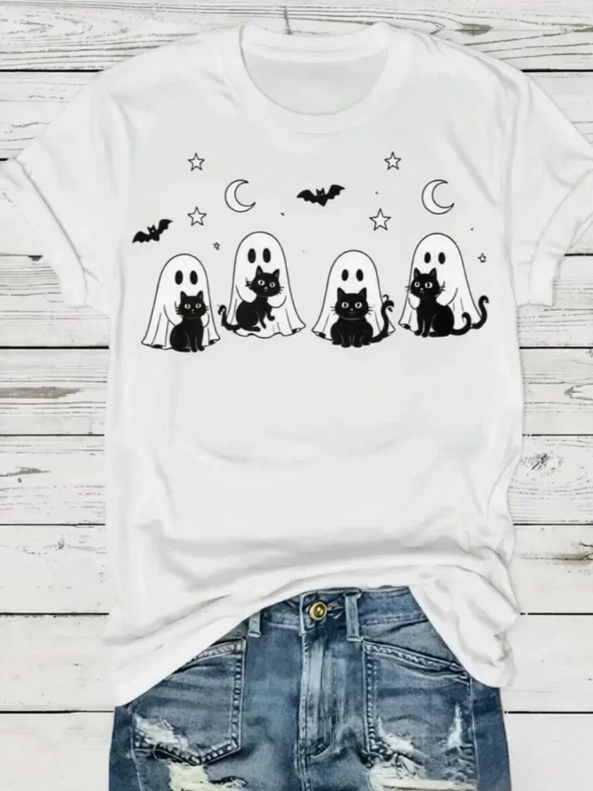 2026 New Fashion Women Crew Neck Short Sleeve T-Shirt Plus Size Y2K Vintage Halloween Ghost And Black Cat Theme Print Oversized Fall Casual Stylish Tops Basic Top T-Shirt