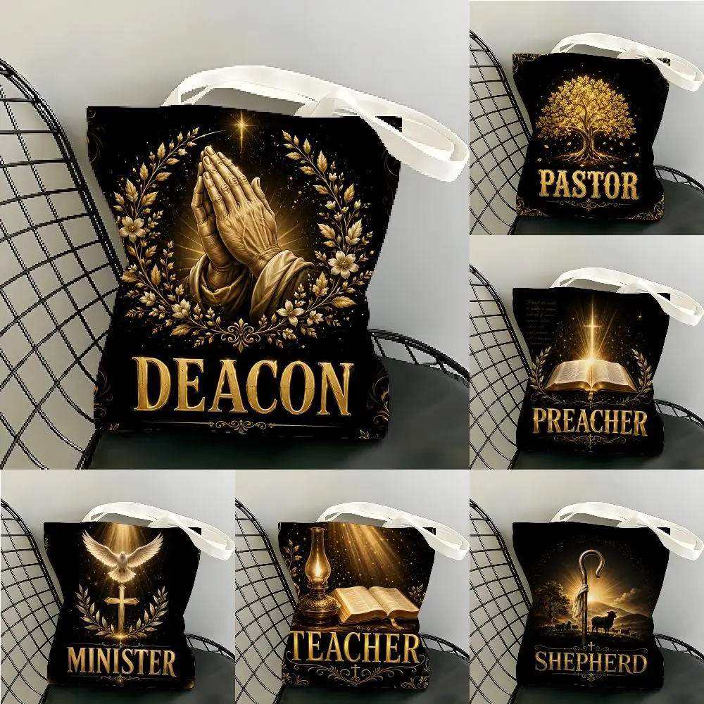 Sac fourre-tout en toile avec emblèmes dorés sacrés, sac de rangement pour le clergé, sac à main d'épaule réutilisable et écologique pour femmes
