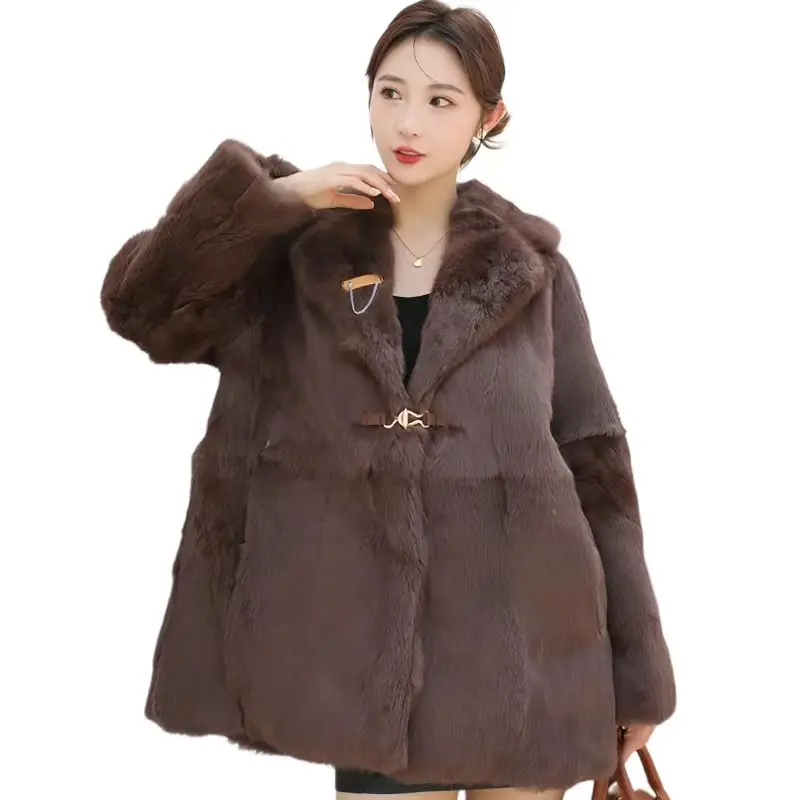 Women's Rex Rabbit Fur Coat, Loose Long Overcoat, Thick Warm Female Clothing, Winter Zipper Jacket, High Quality, New Fashion