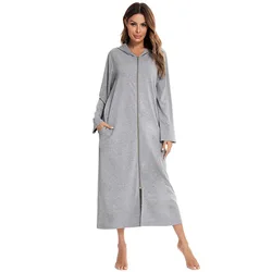 Roupão longo feminino com capuz manga longa primavera senhoras vestido de vestir zíper oversize outono robe sólido pijamas para o sexo feminino