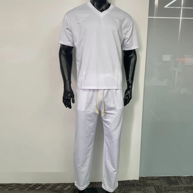 Spring Casual Pure Color Men Outfit Summer Short-sleeved V Neck T Shirt & Drawstring Pants Man Suits Fashion Sport Two Piece Set