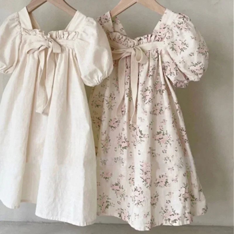 

Dresses Korean version of new summer dress girls' baby bow bubble sleeve sweet floral square neck dress