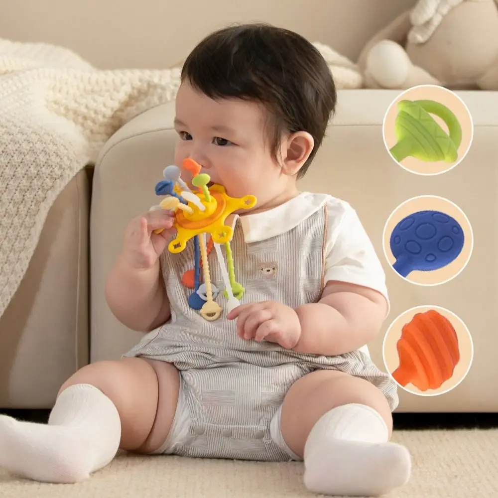 Teething Toy 3 in 1 Baby Sensory Toys Develops Cognitive Silicone Baby Pull String Toy Finger Grasp Training Montessori