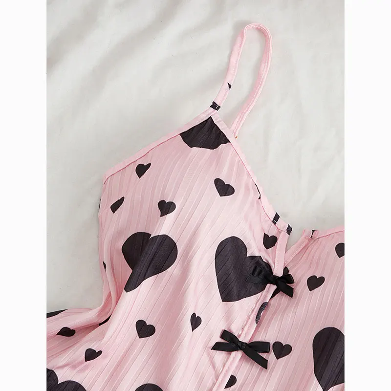 New Pink Strappy Pajama Set With Bow-Accented Heart-Print Tank Top And Shorts Summer Pajamas For Woman Homewear Sexy Casual Wear view 3
