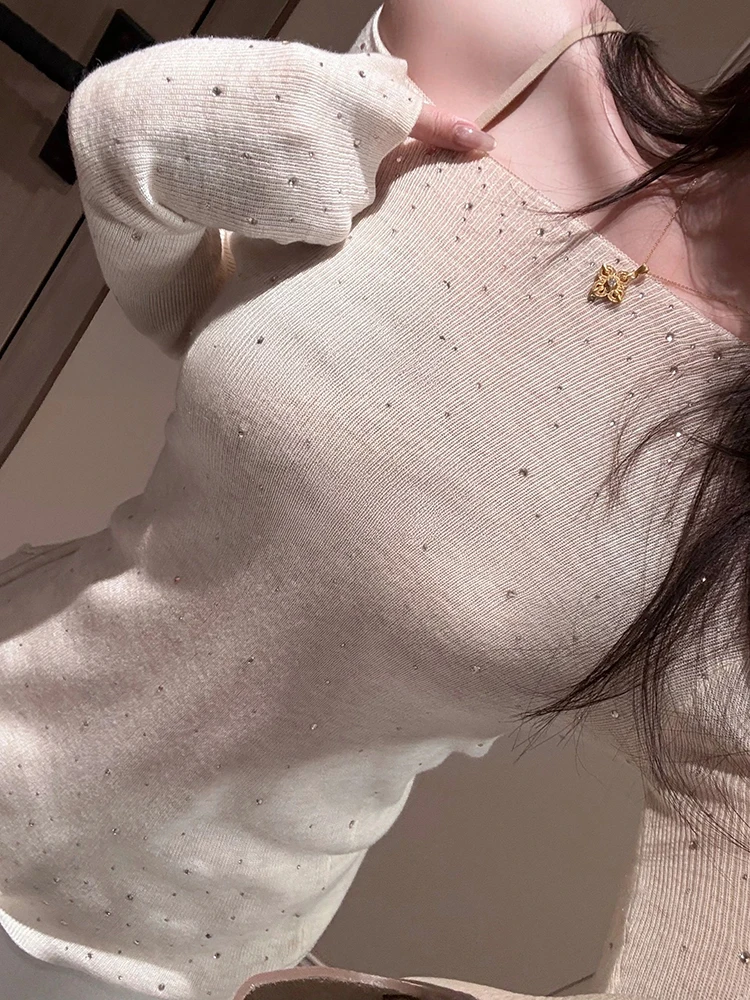 White Knitted Long Sleeve Women's Base Shirt Diamond Heat Pressed Slim Fit Spring Autumn Fashionable Base Layer Top