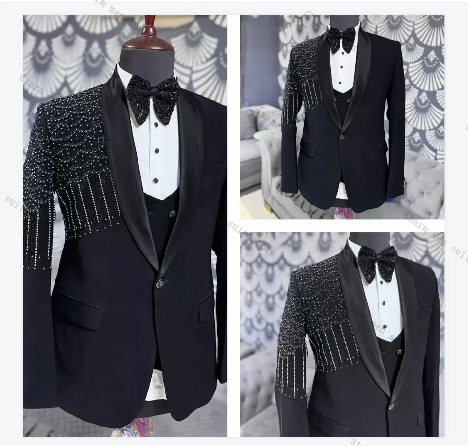 

Black Men Suits Set 2 Pcs Blazer+Pants Trousers Wedding Tuxedos Crystals Beaded Formal Office Customized Prom Dress Jacket Coat