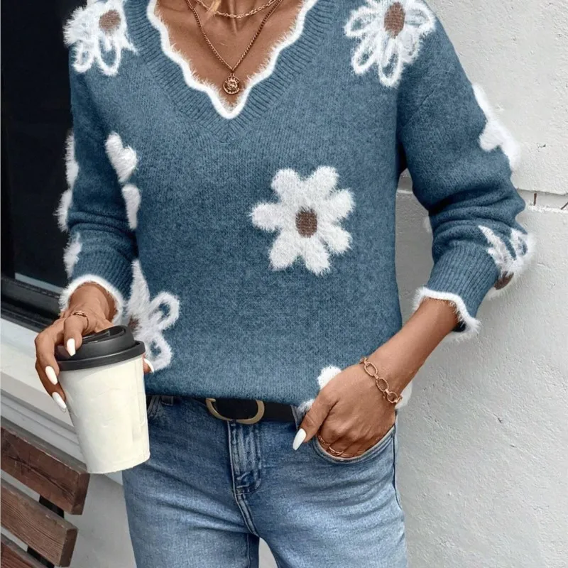 

Кружевной жаккардовый пуловер с v-образным вырезом, устойчивый к норкам, вязаный свитер, свободный удобный повседневный осенне-зимний женский свитер с длинными рукавами