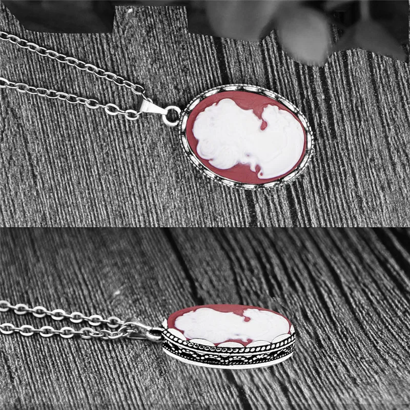 Lady Queen Cameo Necklace Earring Ring Set For Women Antique Silver Plated Oval Red Bead Fashion Flower Pendant Jewelry