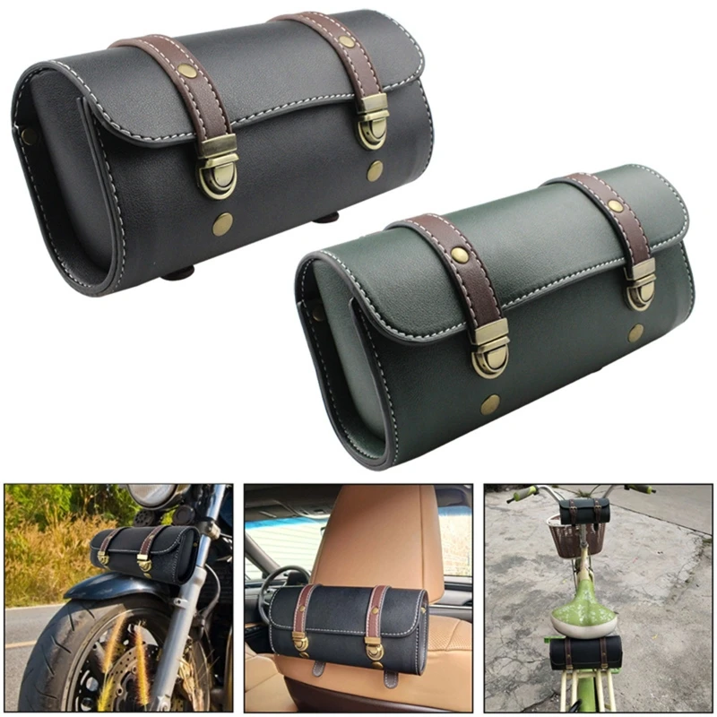 Motorcycle Handlebar Bag Saddlebag, PU Leather Handmade Motorcycle Fork Bag Roll, Durable Storage Tool Pouch with Straps