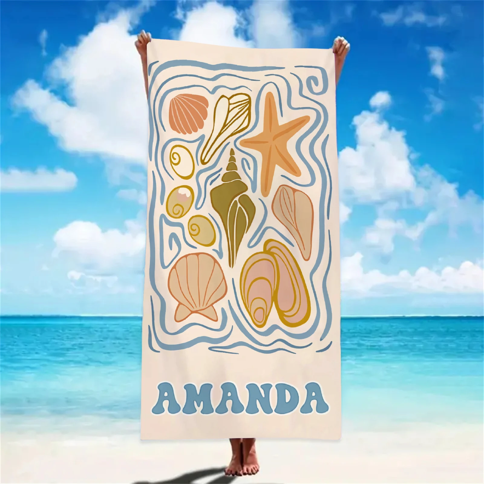 Custom Name Seashell Beach Towel 1pc Personalized Lightweight Absorbent Towel for Beach Pool Wholesale Kids Summer Essentials