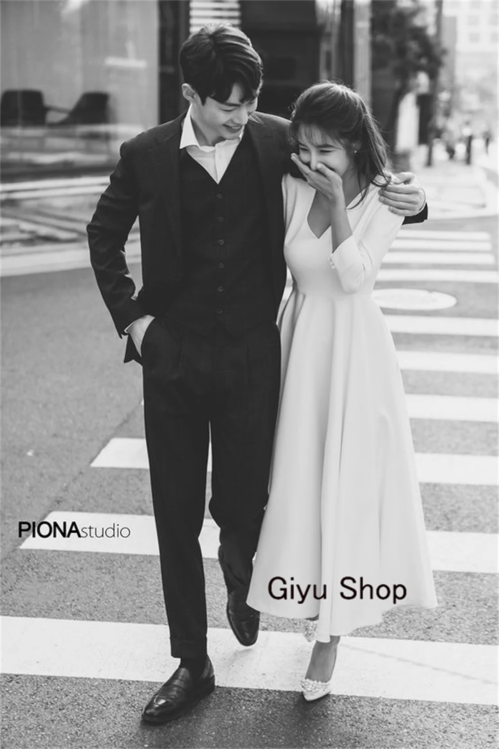 Giyu Simple A-line Korea Wedding Dress Photoshoot V-Neck Soft Satin Tea-length Bridal Gown 웨딩드레스 Evening Gown Dress