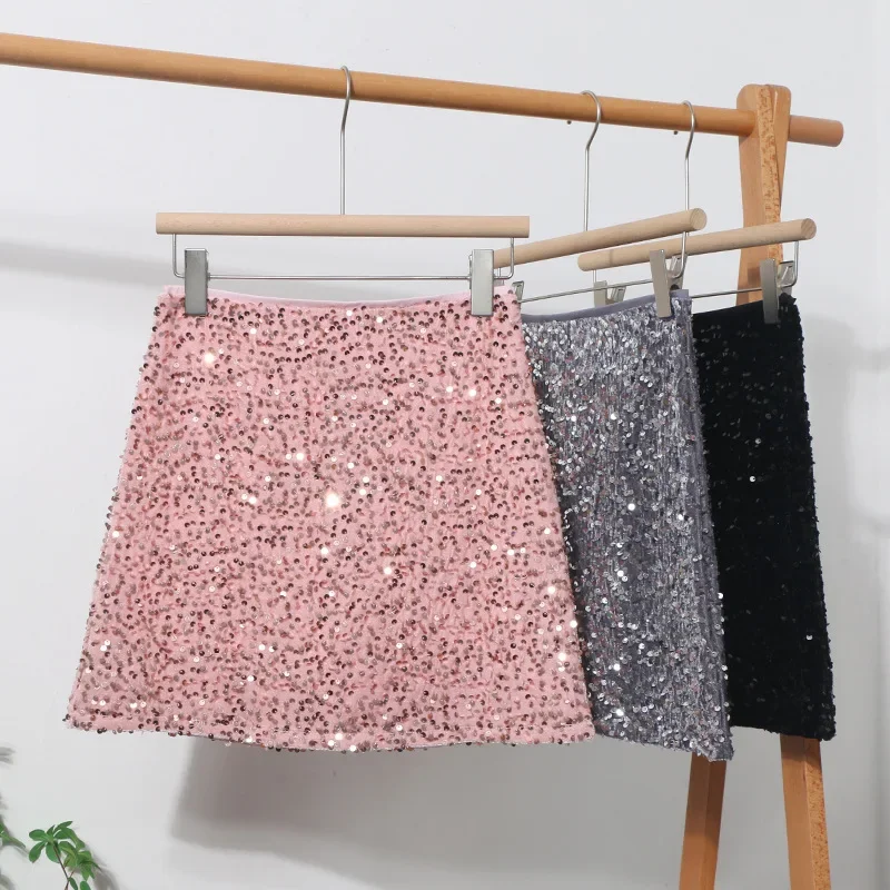 Women's Sexy Sequin Mini Skirt High Waist Slimming Butt-covering A Line Sparkling Disco Skirt Holiday Partyclue Slim Fit Outfits