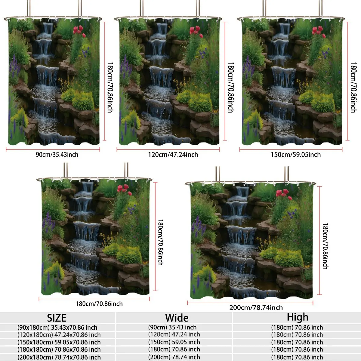 Waterproof Nature Waterfall Shower Curtain Bathroom Decor Lush Green Forest Stream Scenic Print Shower Liner