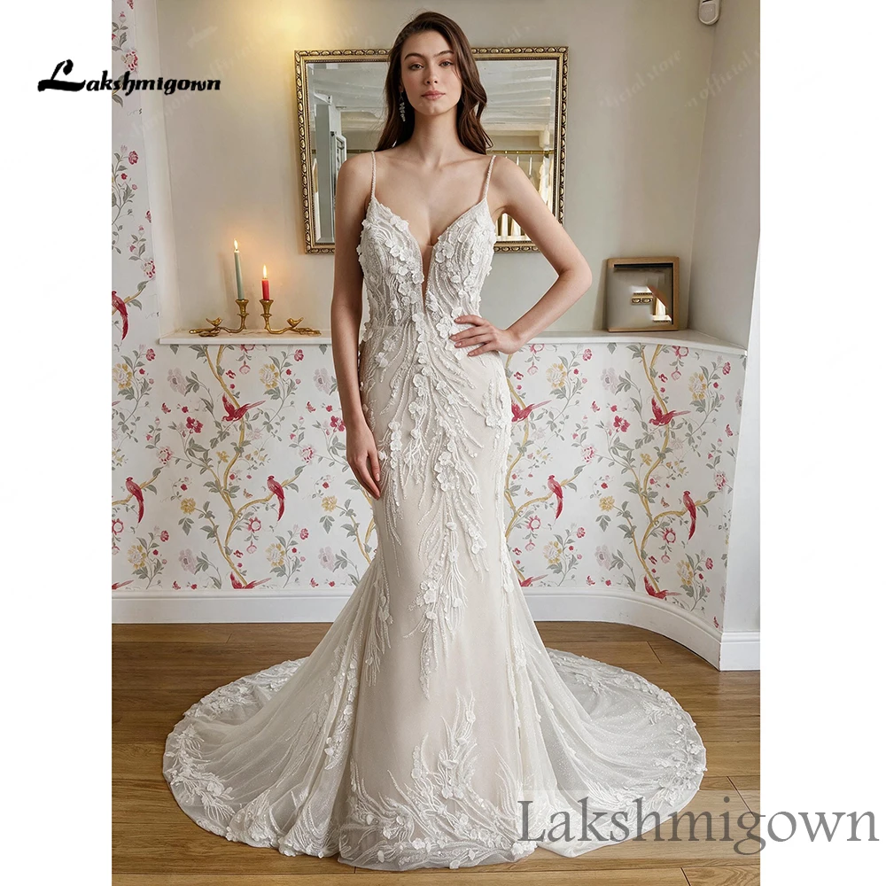 Lakshmigown Meerjungfrauen-Brautkleid mit Spaghettiträgern, tiefem V-Ausschnitt, 3D-Blumenspitze, Perlen und Glitzer-Tüll, individuell anpassbar – Detail 5