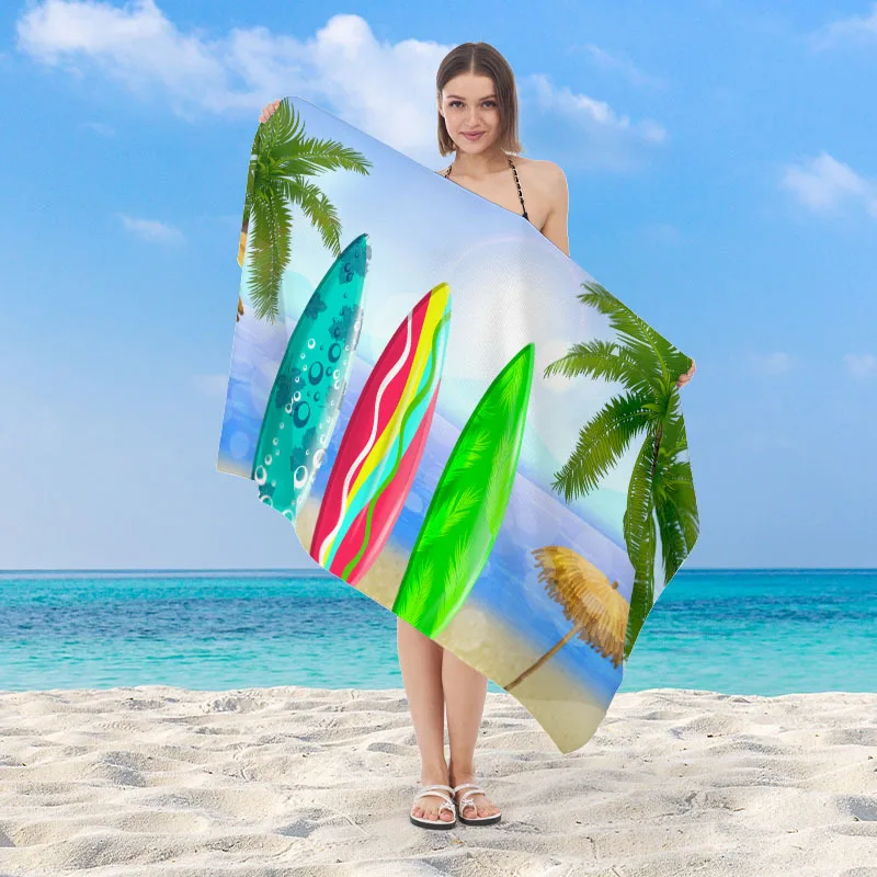 Surfboard Palm Tree Beach Towel Microfiber Quick Dry Absorbent Lightweight Tropical Print Towel for Beach Pool Vacation Travel