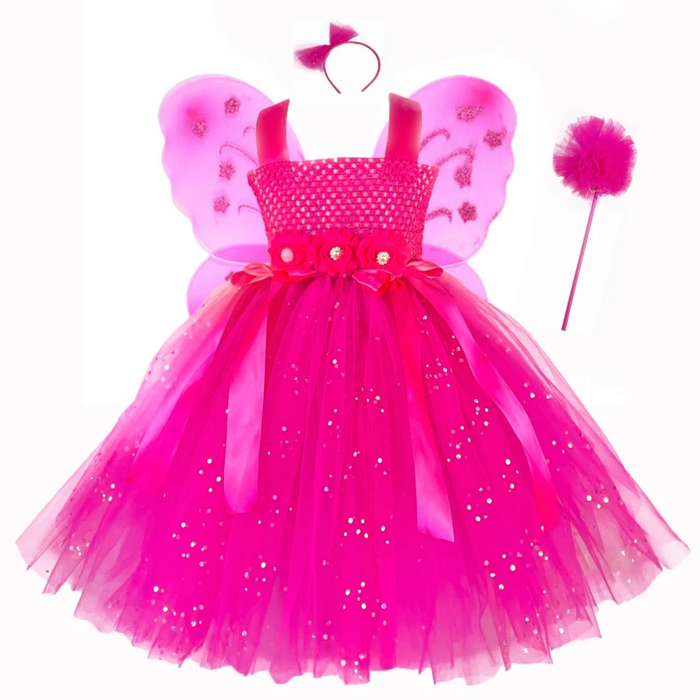 

Girls Pink Glitter Flower Fairy Dress Kids Princess Tutu Dress Ball Gown with Butterfly Wing Stick Children Party Costume Outfit